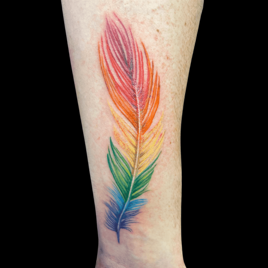 Rainbow LGTBQ feather tattoo. Tatuaje multicolor de una pluma.